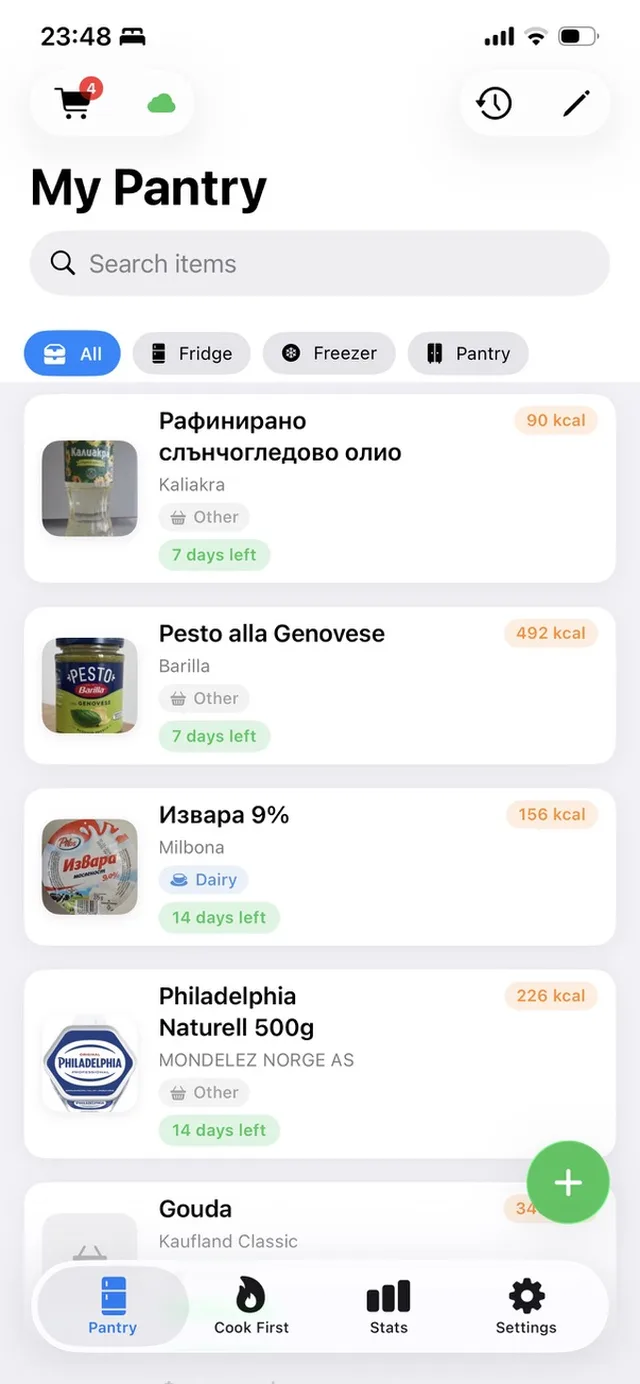 NoSpoil pantry screen with expiry color coding