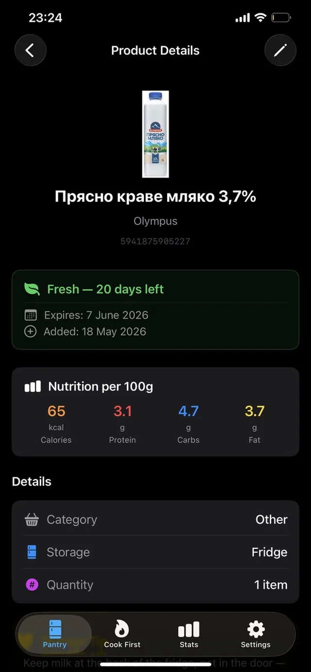 Product details with nutrition